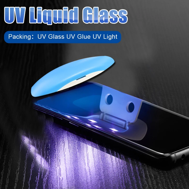 

UV Full Glue Screen Protector Film On The For Samsung Galaxy S8 S9 S10 Plus S10e Tempered Glass Note 8 9 Protective Glass + Tool