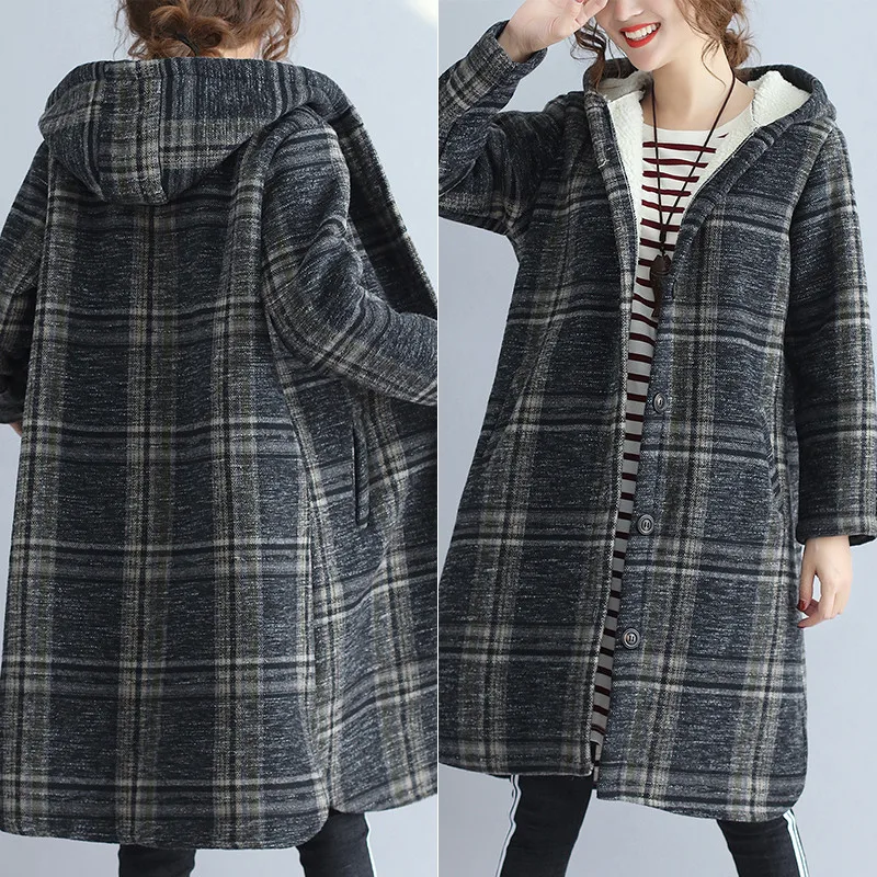 Модное Длинное бархатное клетчатое пальто Осень Зима Новое однобортное шерстяное пальто с капюшоном для женщин куртка X171
