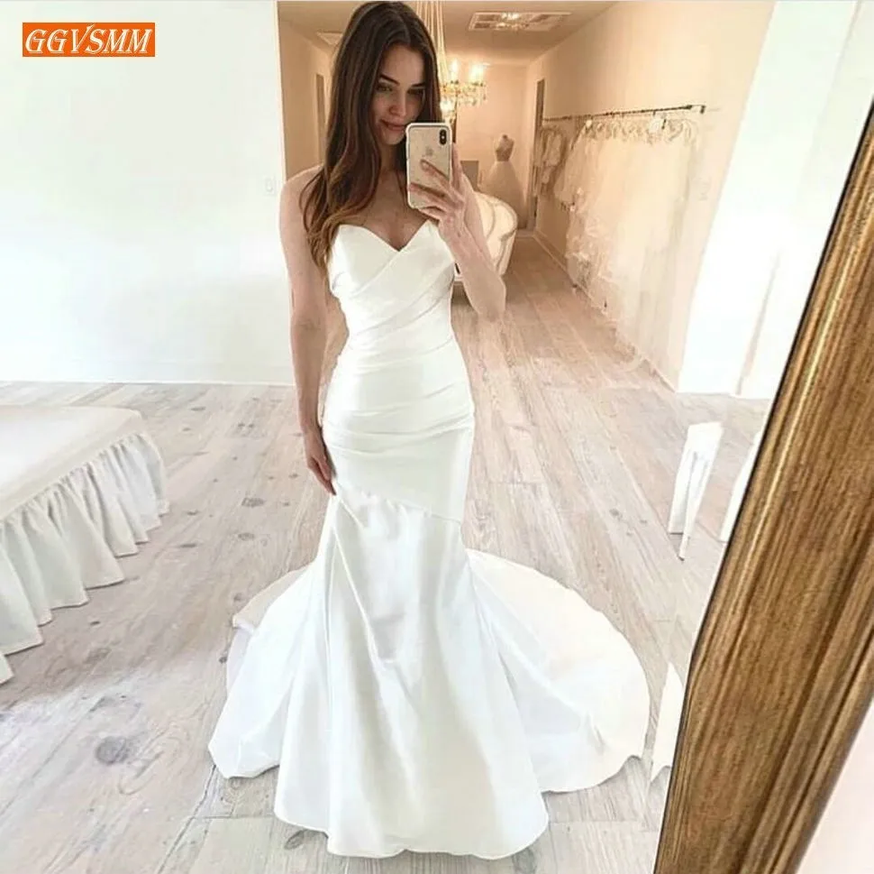 Suntuoso Vestido De Novia Blanco De Sirena 2019 Elegante Escote Corazon Ajustado Vestidos De Novia Personalizado Saten Elegante Vestido De Novia Plisado Vestidos De Novia Aliexpress