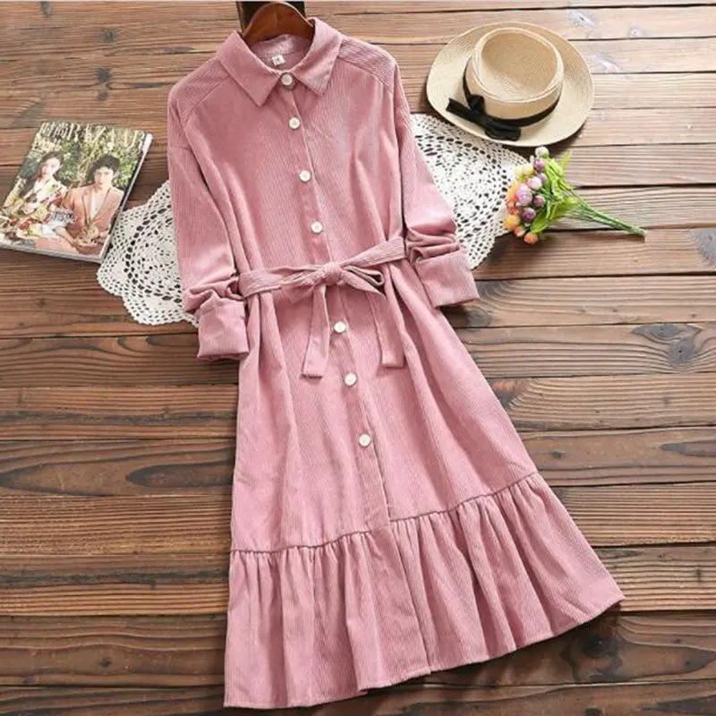 

2019 Autumn Casual Korean Style Corduroy Dress Women Elegant Loose Sashes Single-breasted Lapel Vintage Plus Size Dress Female