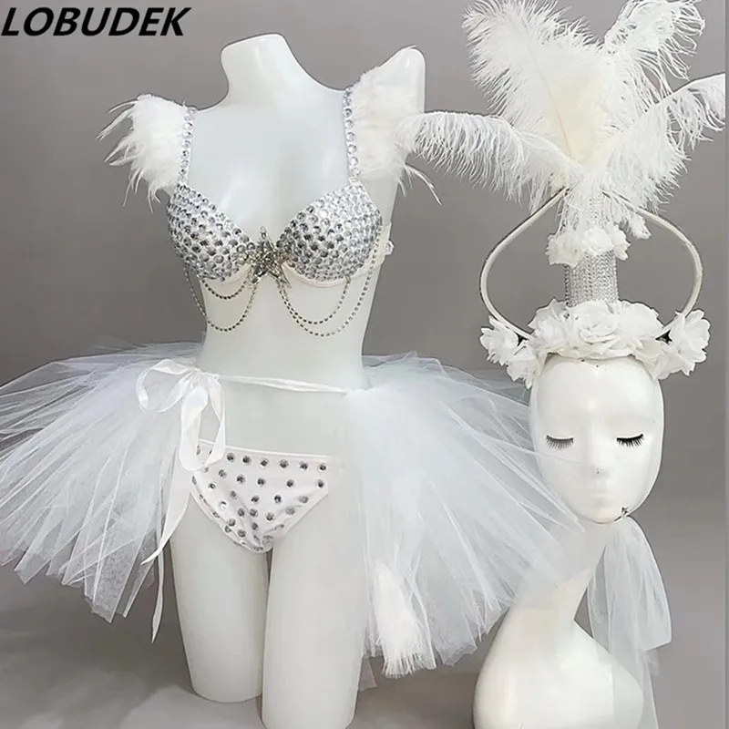 

Lady Nightclub Costume Bar Club Party Show Dance Outfit Black White Feather Crystal Bikini Headgear Set Model Catwalk Stage Wear