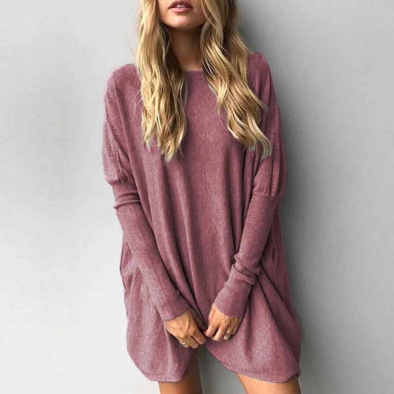 

2019 Hot Sale Women Tops Sexy Long Batwing Sleeve Loose Knitted Pullover Solid O-Neck Tee Shirt Plus Size Casual Tops T-Shirt