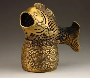 

Chinese Brass Copper Wealth Coin Fish Head Head Statue Box Incense Burner Censer