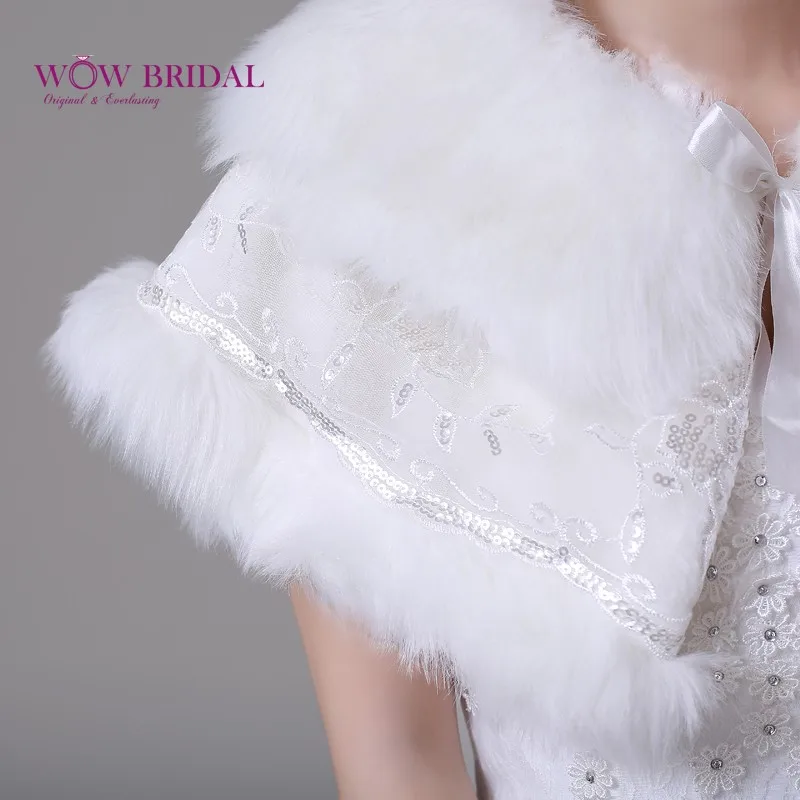 Wowbridal изящные белый свадьбы обертывание подчинение искусственного меха шаблон блестки бисером с бантом шаль свадебные аксессуары пальто