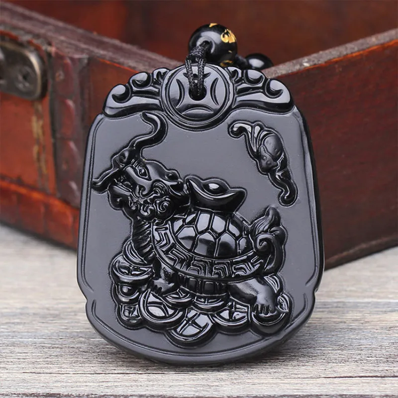 

Natural Black Obsidian Stone Pendant Animals dragon Turtle Patron saint Pendant Necklace For Men's & Women jades Jewelry