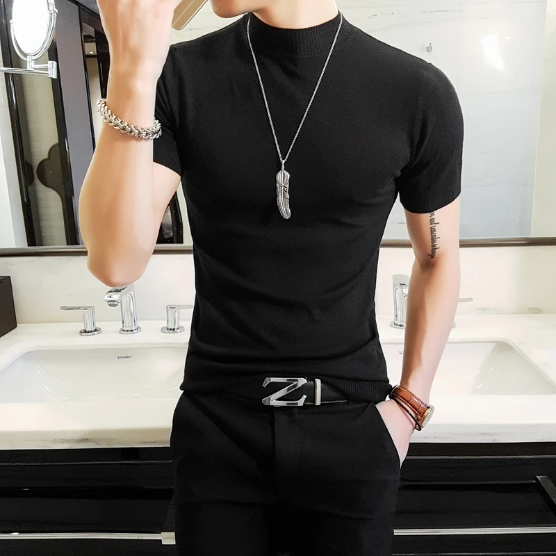 

Summer T Shirt Homme Streetwear Men T Shirt Slim Fit Turtleneck Men Short Sleeve T-Shirt Men Clothes 2019 Knitted Pullovers Men