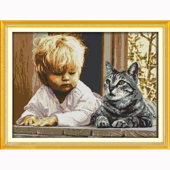 

The boy and cat cartoon 11ct Handmade Needlework Cross Stitch Set Embroidery Kit Precise Printed Cross-Stitching Home Decoration