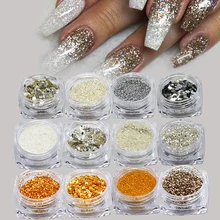12 бутылок Блестящий серебряный золотой блеск для ногтей Блестки для ногтей советы блестящий порошок пыль DIY УФ гель маникюр украшения для ногтей BEGS