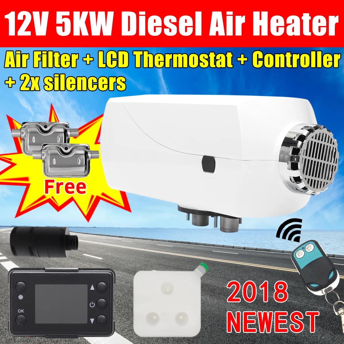 

Car Heater 5000W Air diesel- Heater LCD Monitor 5KW 12V for trucks motor-homes boats bus With Renote Control 2x Silencers
