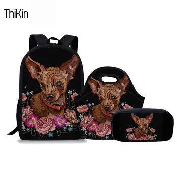 

THIKIN 3Pcs/set Schoolbag For Children Chihuahua Print Cute Large Backpacks Girls Flowers School Satchel Kawaii Kids Book Bag