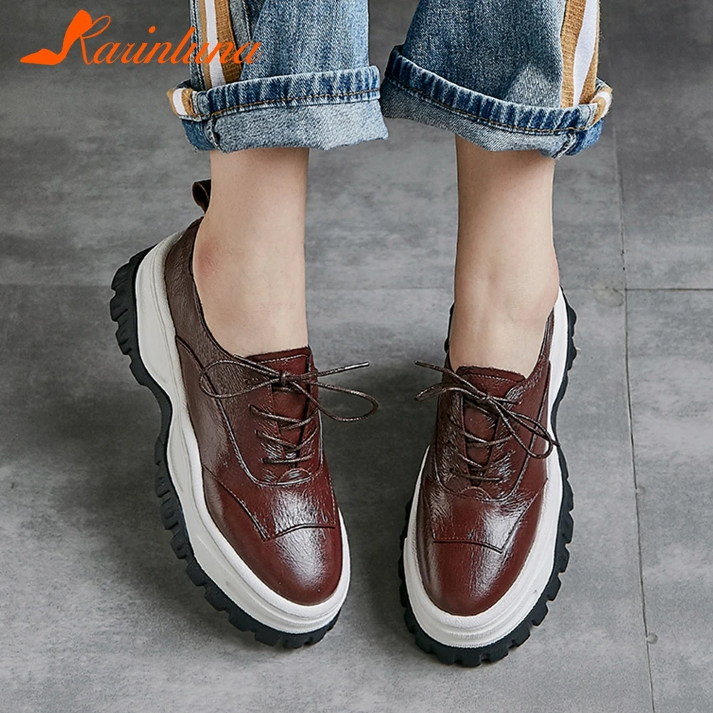 

KARINLUNA 2019 Top Quality Genuine Cow Leather Shoes Flats Woman Thick Heels Flats Shoes Women Comfortable Shoes Woman