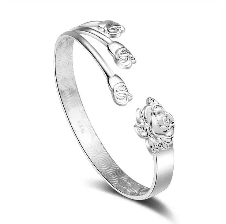

Anenjery 925 Sterling Silver Noble Cuff Bangles&Bracelets pulseiras Three Rose Flower Opening Bangles S-B27