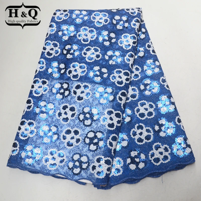 

New Products African lace fabric 5 Yards/pcs French Sequined lace fabric with Organza lace High Quality for Evening Party Dress