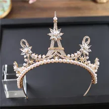 New Fashion Eiffel Tower Shape Bride Wedding Gold Color Crown Full Cystal Pearl Large Queen Crown Wedding Hair Jewelry WZ-GB001