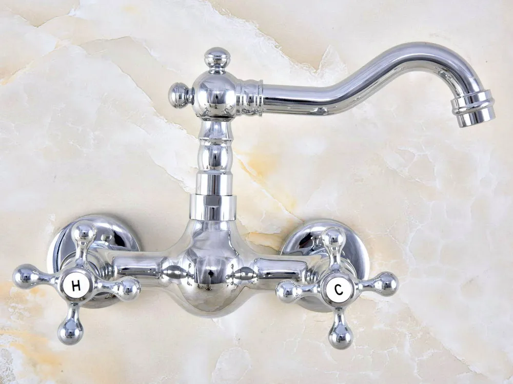 Polished Chrome Brass Wall Mount Bathroom Basin Kitchen Sink Faucet Swivel Spout Mixer Tap Dual Cross Handles Levers anf577