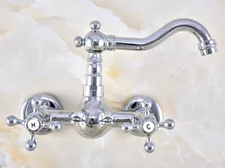 Polished Chrome Brass Wall Mount Bathroom Basin Kitchen Sink Faucet Swivel Spout Mixer Tap Dual Cross Handles Levers anf577