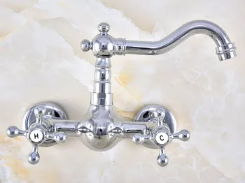 Polished Chrome Brass Wall Mount Bathroom Basin Kitchen Sink Faucet Swivel Spout Mixer Tap Dual Cross Handles Levers anf577 high quality chrome brass widespread bathroom basin mixer faucet double handles wall mount