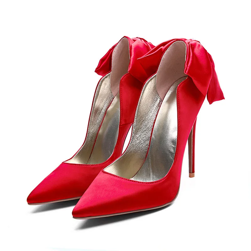 Sur pourpre Satin Pointu rouge Bout Chaussures automne noeud Dame Parti Talons Pompes bleu Haute Mode Printemps Papillon Peu Glissement Mince Profonde Femmes Noir Stilettos XaxwAqg77B