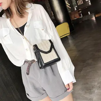 

Women Faux Leather Patchwork Small Square Straw Woven Crossbody Shoulder Bag