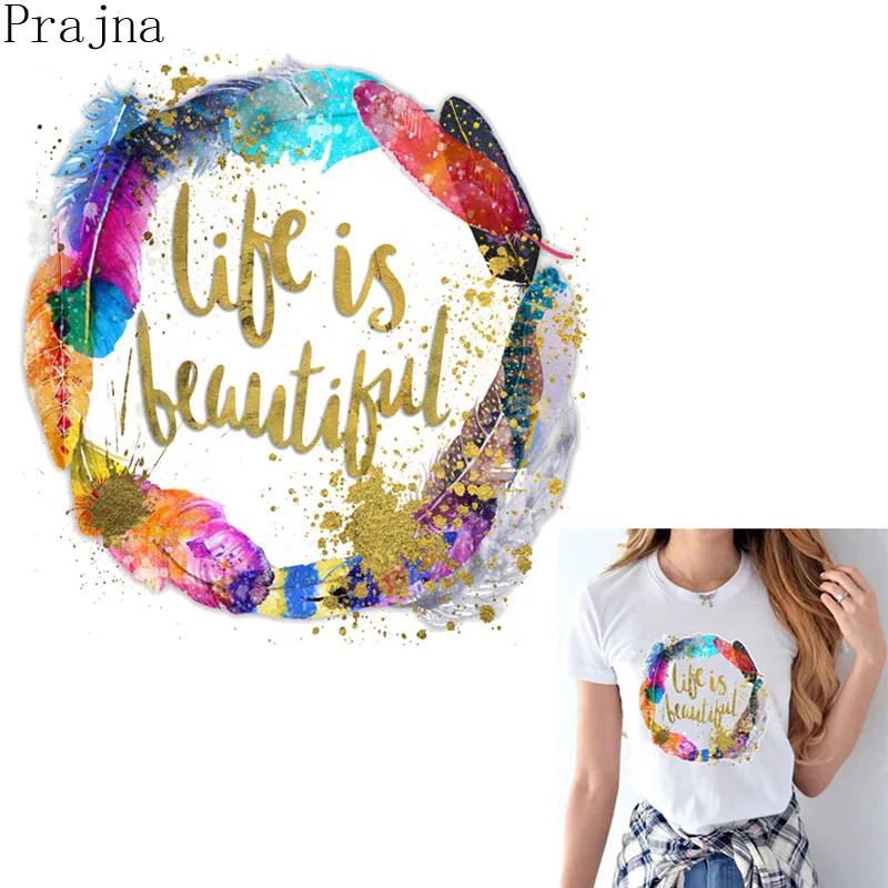 

Prajna Letter Heat Transfer Vinyl Patch Life Is Beautiful Iron-On Transfers For Clothes Sticker Cute Patch DIY Applique Washable