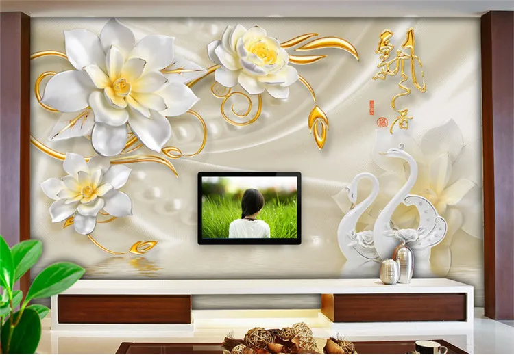 

Custom 5D Mural Mural 3D Stereo Rose Fragrance Luxury Silk Jewellery Swan Bedroom Sofa Living room TV backdrop Home Decor