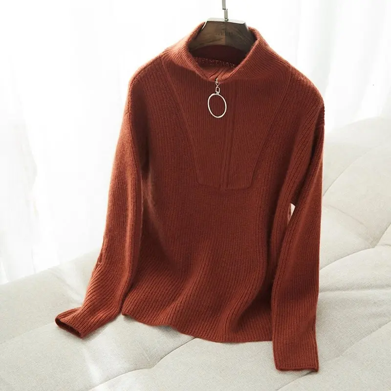 Womens Lux Thick Zipped High Collar Pullover 100% Cashmere Fisherman Rib Stitch Sweater Pure Kashmair Sweaters Female Jumper | Женская