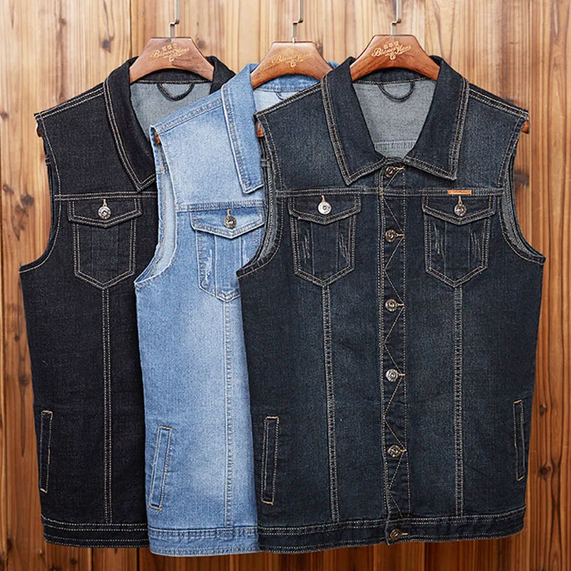 Plus Size 8XL 7XL Men Denim Vests Men's Sleeveless Jackets Male Chubby