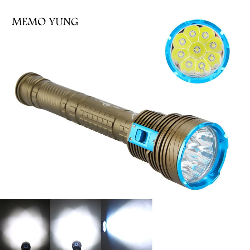 Billige Hohe leistungsfähige Lumen Led taschenlampe Tauchen Unterwasser 100 Mt Wasserdichte Taschenlampe 9 x CREE XM T6 LED Fackel Durch 3x18650 oder 26650 batterie