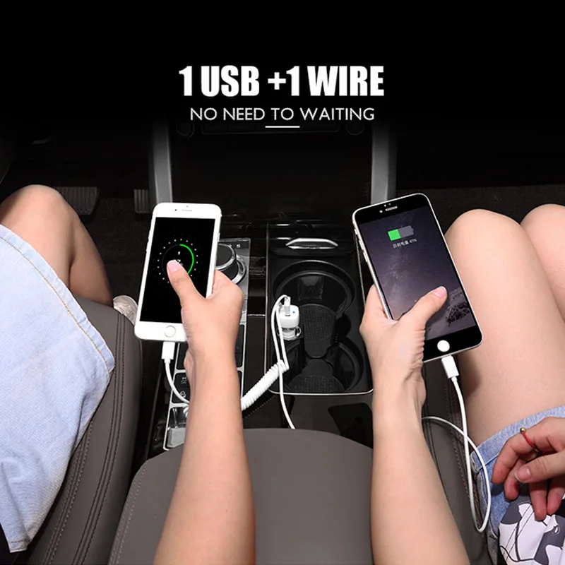المزدوج ميناء usb شاحن سيارة محول الهاتف 5 فولت/2.1a تهمة سريع الربيع نوع الحبل لفون سامسونج الهاتف المحمول مع مايكرو-c كابل