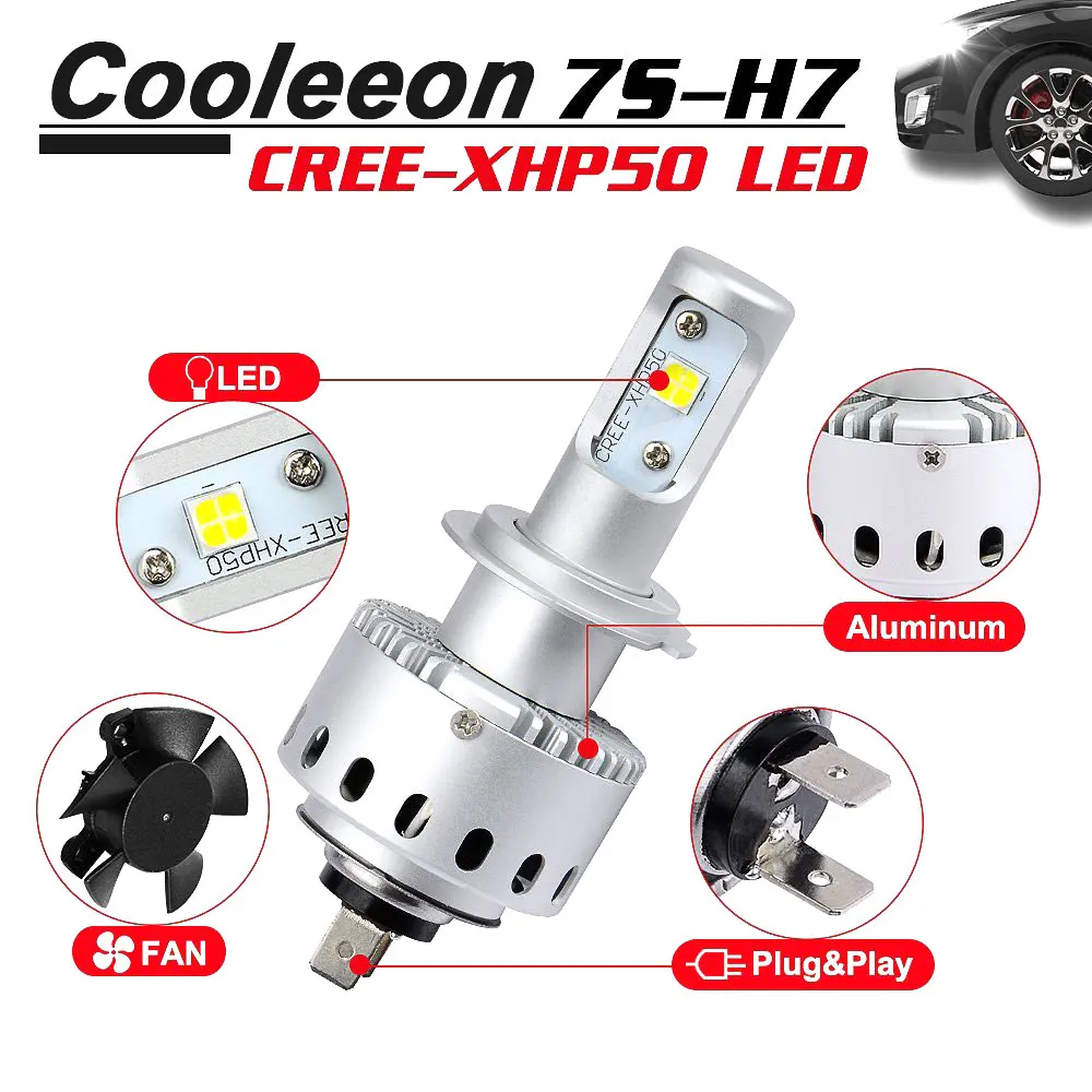 COOLEEON HL 7S H7 огни автомобиля светодиодный фары 12V 24V 80W 8000LM с CREE XHP50 чипы 6500K белый Цвет