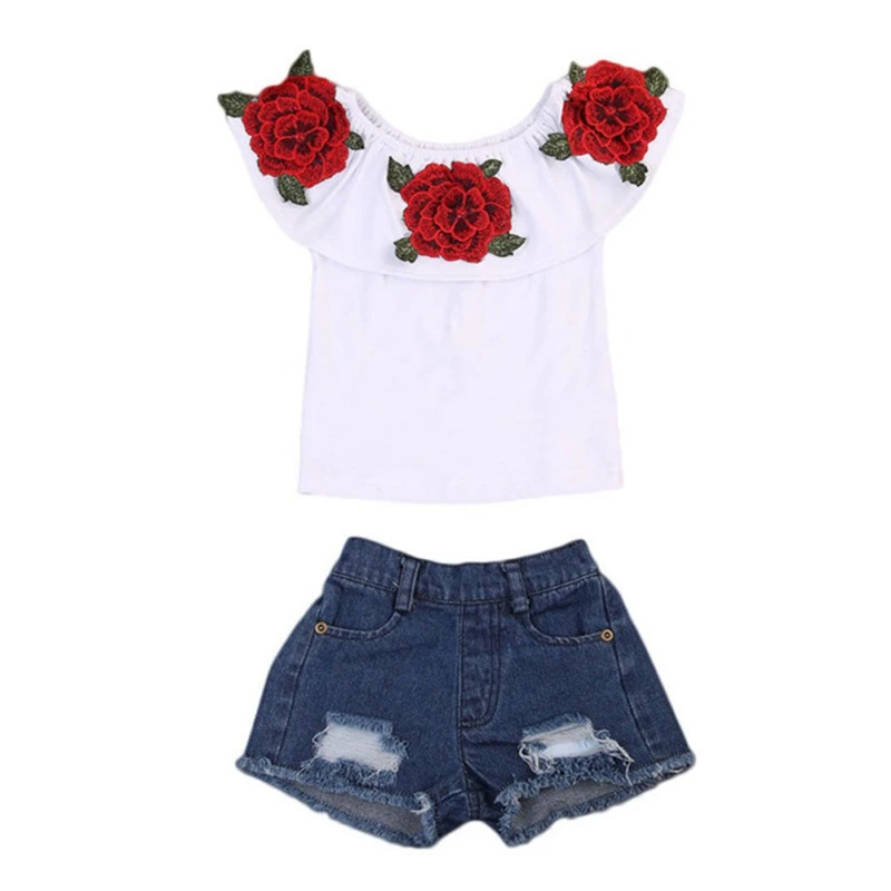 

2019 Summer Children Baby Girls Casual Floral Off-Shoulder T-shirt+Denim Shorts Suits Costume Set