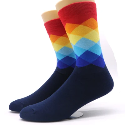 1 пара хлопковых носков для мужчин, осенне-зимние носки, теплые модные разноцветные короткие носки с ромбовидным узором, забавные мужские Компрессионные носки - Цвет: D