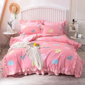 

Korean Style Pure Cotton 4pcs Bed Set Duvet Cover Bed Skirt Pillowcases Ruffles Pink With Heart Flowers 1.5m-2.0m bed