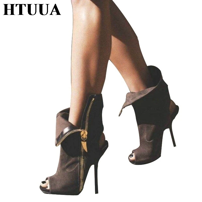 

2018 Newst Fashion 12CM Thin High Heels Peep Toe Boots Flanging Side Zipper Sexy Cool Sandals Women Pumps Ladies Shoes SX885