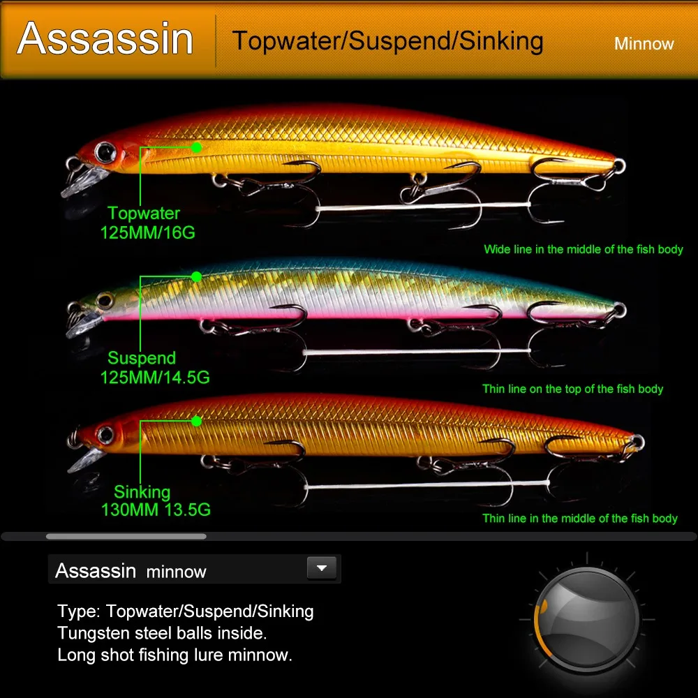 Assassin Topwater/приостановление/медленно опускается на дно Minnow приманки для ловли рыбы, 125MM16G/125MM14. 5G/130 мм 13,5 г