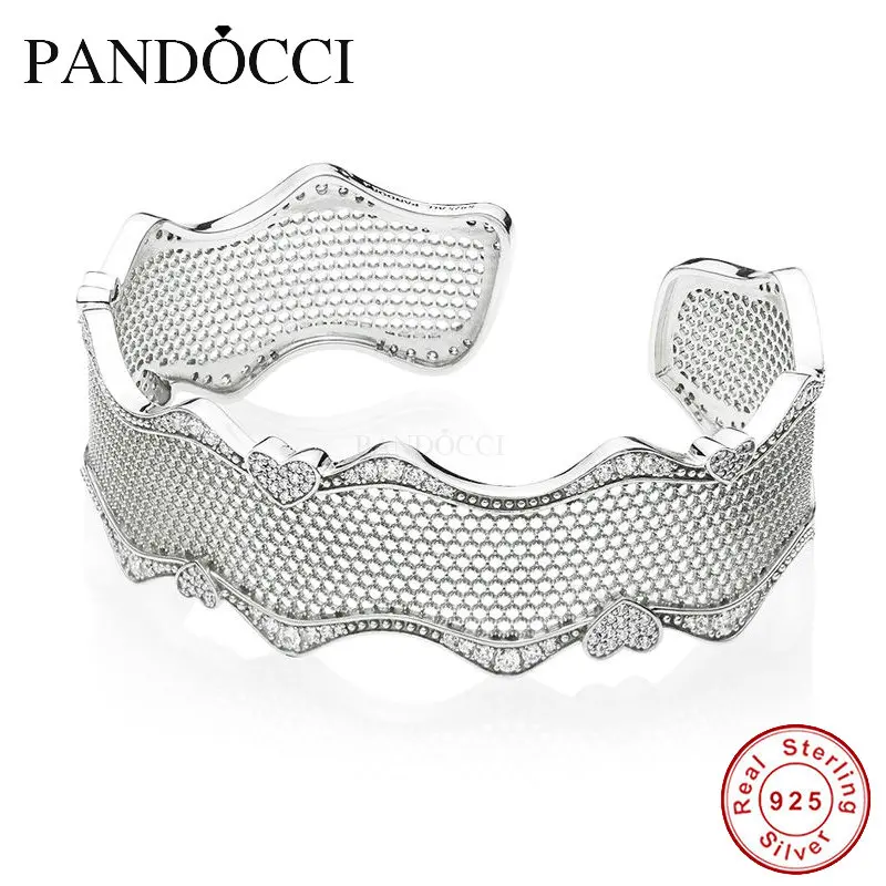 

PANDOCCI 925 Sterling Silver Jewelry Lace of Love Bracelet Cuff, Clear CZ Fashion Charms Beads Fits Original Bracelets