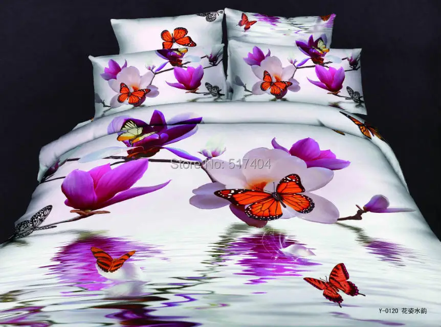 Purple floral and butterfly bedding sets,4pc cotton queen size