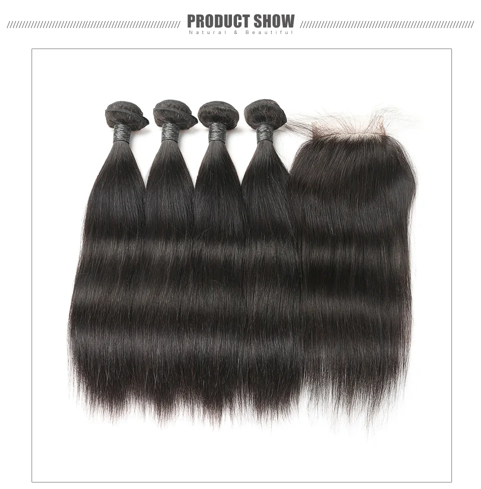 Hair Villa Brazilian Straight Virgin Hair Bundles With Closure Salon 100% Unprocessed Human Hair Weave Four Bundles With Closure (2)