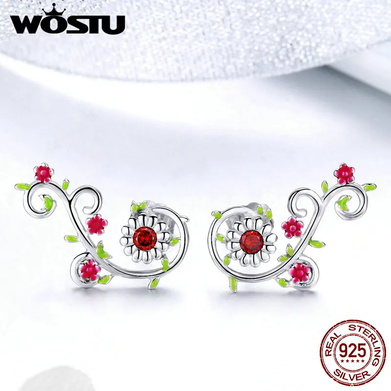 WOSTU,, 925 пробы, серебро, прозрачный, красный цветок, зеленая ветвь, серьги, модные украшения для женщин, серьги, подарок, BNE041