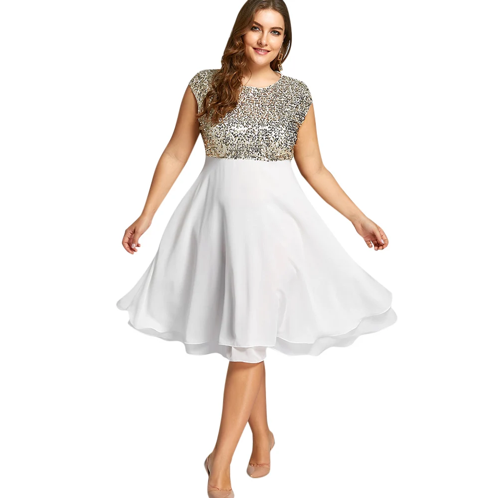 ZAFUL Vintage Plus Size Party Dress Women Flounce Golden Sequin Vintage