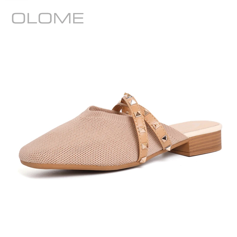 

OLOME summer new super fire personality versatile wear-resistant Rivets baotou low heel slippers female mules shoes