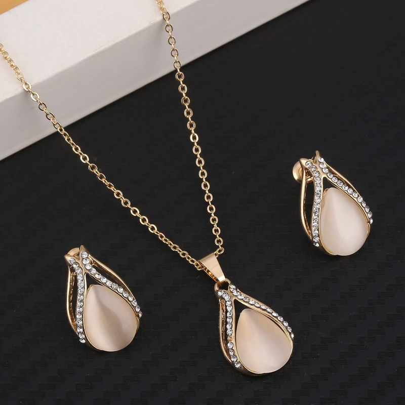 Fashion Golden Plated Opal Jewelry Sets For Woman Cubic Zirconia Water Drop Necklace Pendant Earrings Set Bridal Wedding Gift