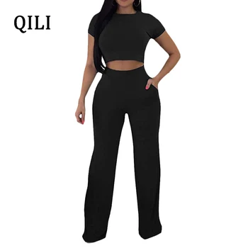 

QILI 2 Piece Set Casual Jumpsuits Women Romper Short Sleeve Top+Wide Leg Pants Jumpsuit Women Jumpsuits Solid