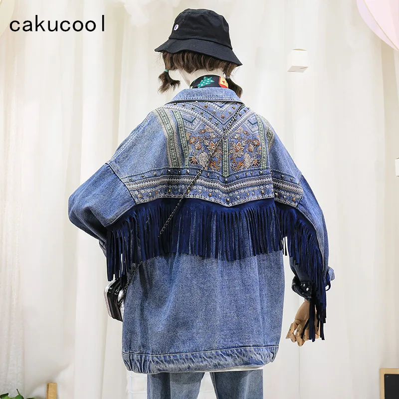 

Cakucool Denim female jacket autumn vintage ethnic Embroidery tassels loose coat long sleeve Outerwear Jeans jacket for women