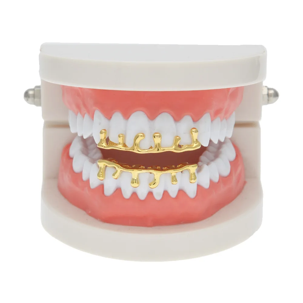 

MCSAYS Teeth Grills Hiphop GANGSTER Set(Top&Bottom) Grills CapsTeeth Row Drop Shape Gold/Sliver Color For Men/Women Gifts 4GM
