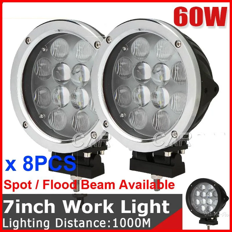 

8PCS 7" 60W CRE 12LED*5W Driving Work Light Offroad SUV ATV 4WD 4x4 Spot/Flood Beam 5100lm 1KM Distance Replace HID Bulb Silver