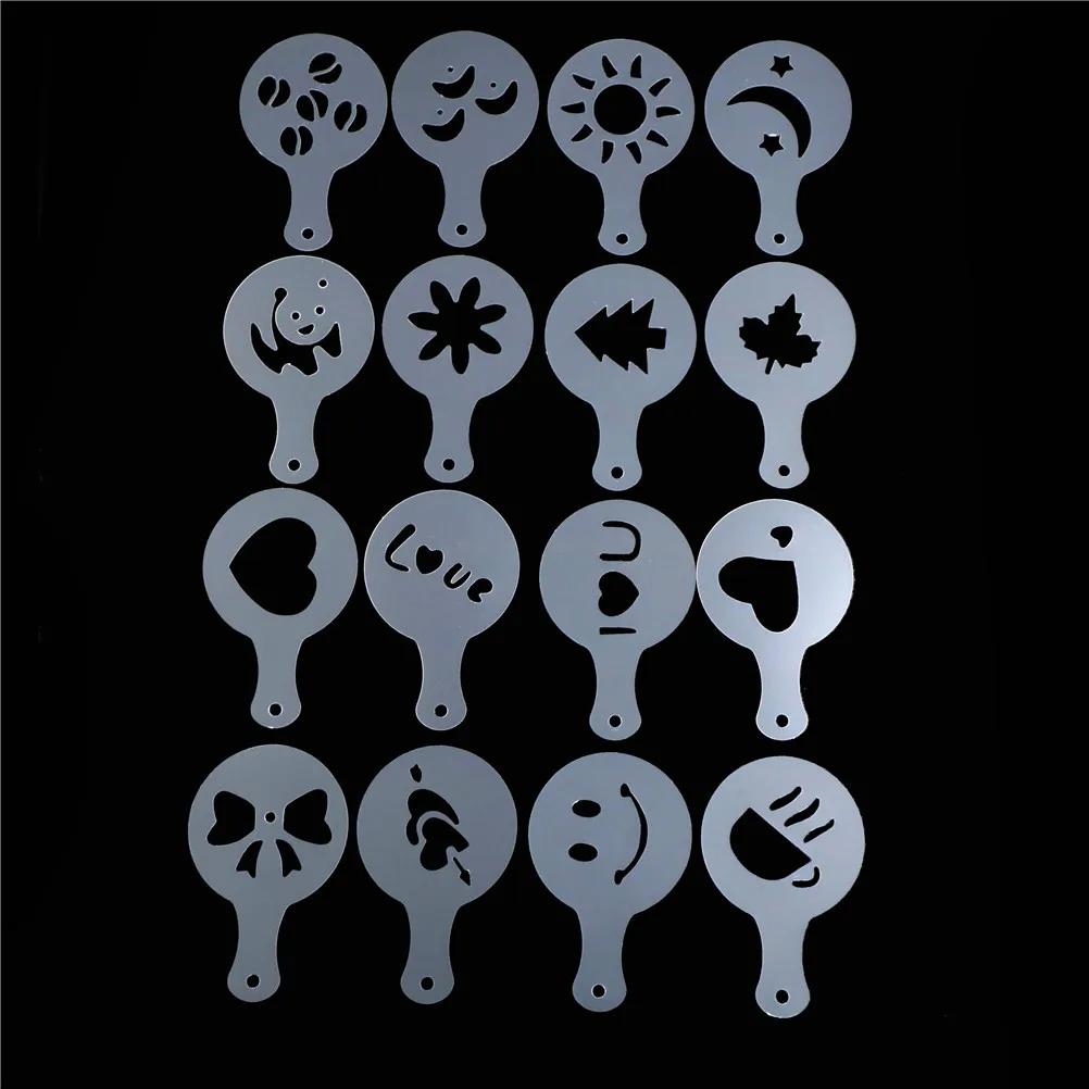 

16Pcs/Lots Coffee Latte Mold Fancy Cappuccino Cake Cookie Stencil Template Decor Barista Duster Art Banking Tools
