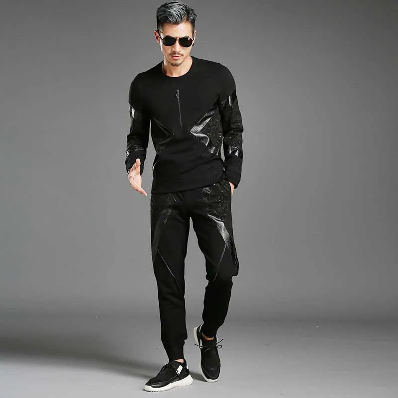 Spring Autumn PU Patchwork Hoodies 2PCS Sets with Joggers Pants Tracksuit Men Casual Slim Sweatshirt Pullover Trousers Suits Spring Autumn PU Patchwork Hoodies 2PCS Sets with Joggers Pants Tracksuit Men Casual Slim Sweatshirt Pullover Trousers Suits
