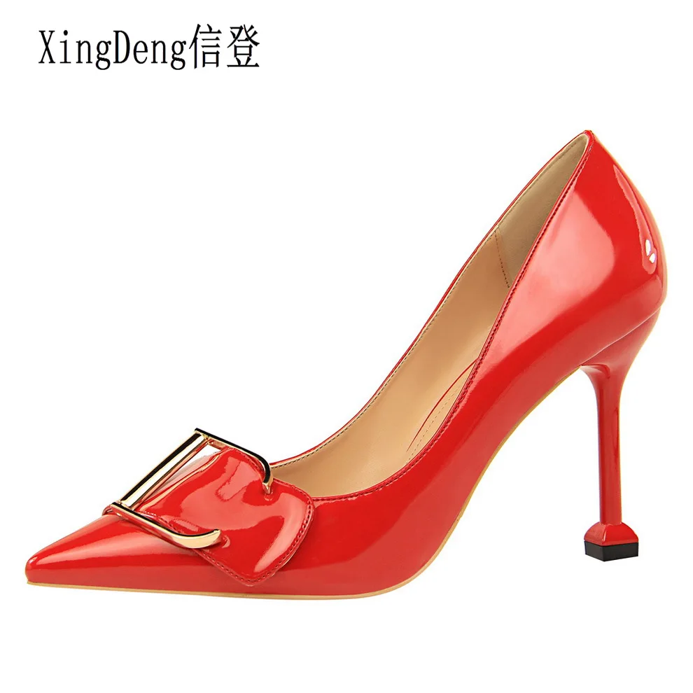 

XingDeng Ladies Shinny Hoof Heels Wedding Party Dress Pumps Shoes Patent Leather Buckle Pointed Toe High Heels Pumps Shoes Women