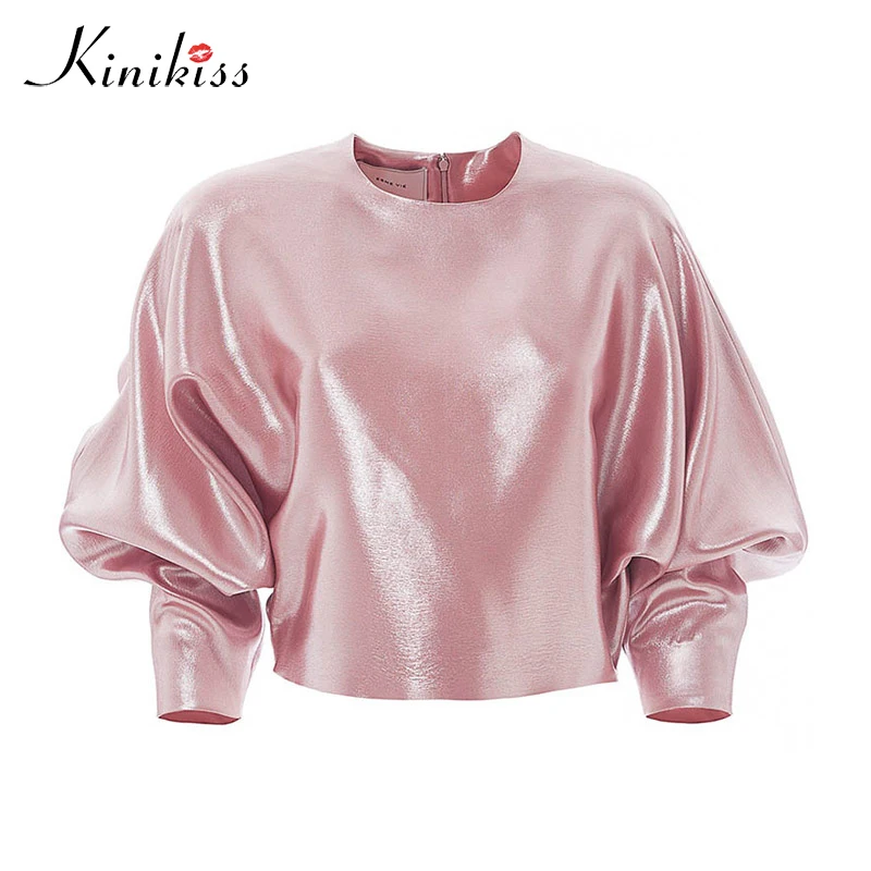 Skup Kinikiss Kobiety Nowoczesne Bluzka R oacute;żowy Połysk Plisowana Latarnia Rękaw Crewneck Topy 2017 Moda Jesień Luźne Kr oacute;tkie Koszula Sweter
